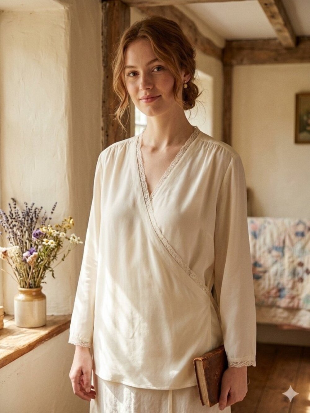 Coldwater Creek SILK Sheer Wrap Lace Blouse Size XL Antique White Romantic